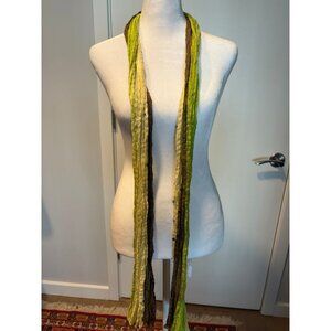 Boho Ombre Crinkle Skinny Scarf - Lime & Olive Green - Beaded Trim